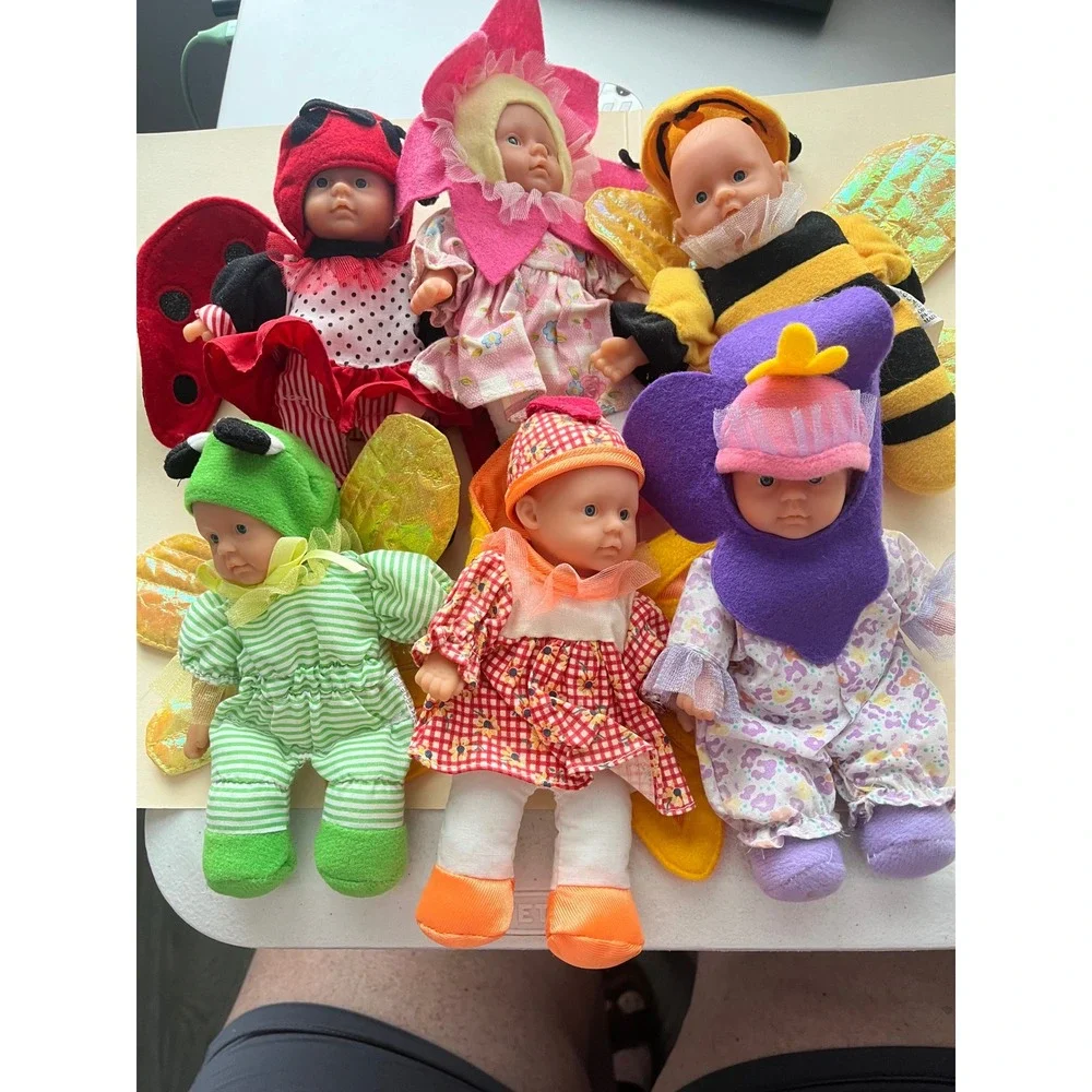 Lot of 6 Garden Baby Dolls Ladybug Bee Frog Flower Costumes Soft Body 9 Inch